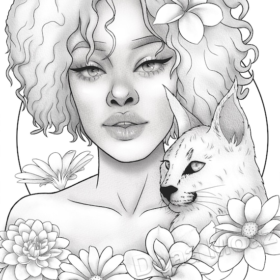 printable coloring page black girl floral animal portrait etsy