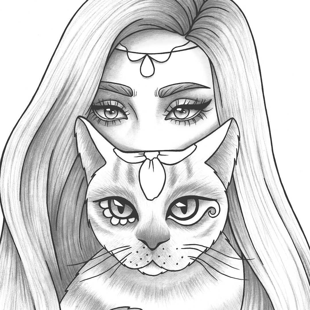 Printable Coloring Page Girl Portrait and Cat Colouring Sheet Animals