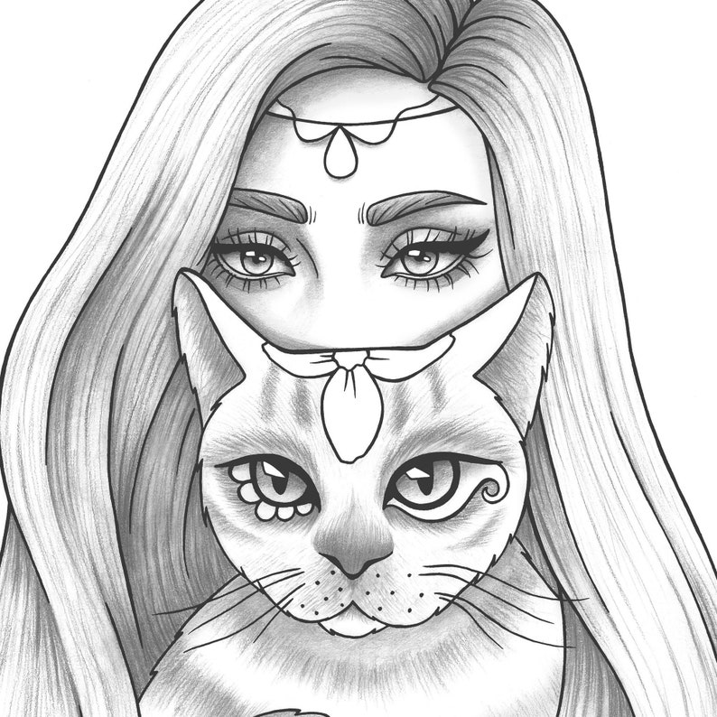 Printable coloring page girl portrait and cat colouring sheet animals pdf adult anti-stress relaxing zentangle line art image 1