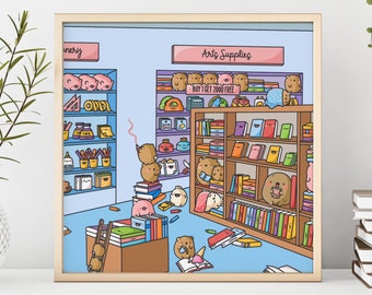 Cute Book Shop Art Print - Illustration - Kawaii Illustration Print | Cute Digital Art Poster | Stationery Shop Poster | For Him, For Her