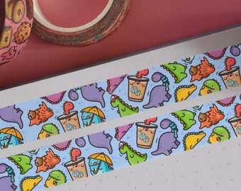 Ruban adhésif en Washi avec un dinosaure mignon | Papeterie Kawaii | Ruban adhésif ruban adhésif dinosaure mignon, papier journal, scrapbooking, motif dinosaure