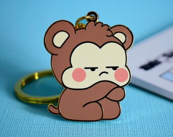 Cute Grumpy Monkey Key ring | Kawaii Monkey Keychain | Key Ring | Enamel Charm | Monkey Gift, Enamel Key Chain | Gold Chain | Keys