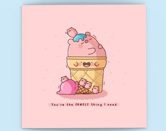 Cute Ice Cream Card for Friend | Kawaii Pigs Card for Him, Kawaii Birthday Card for Boyfriend | Cards for her, valentines card