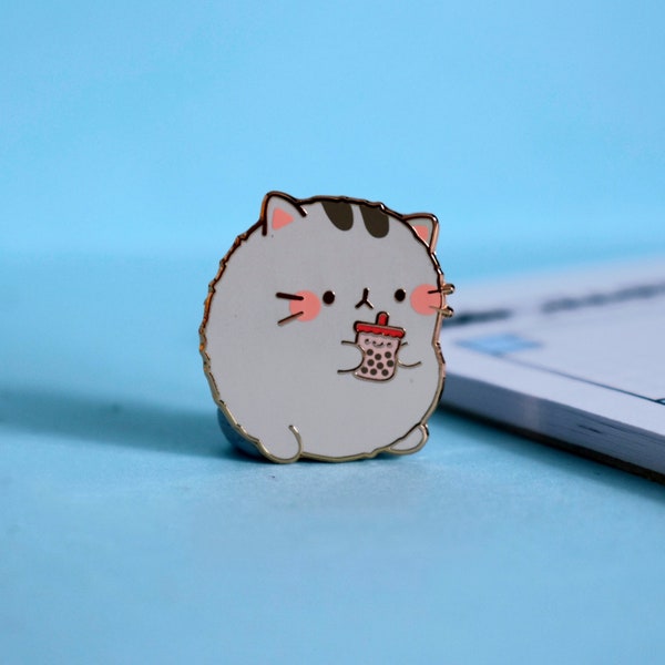 Cute Bubble Tea Kitty Enamel Pin | Kawaii Cat Pin | Animals, Boba Pin | Rose Gold Kitty | Hard Enamel Pin | Lapel Pin