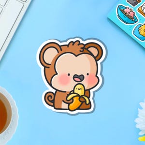 vinyle autocollant singe | Stickers singe kawaii avec banane | Sticker vinyle mignon, autocollants pour agenda, sticker pour ordinateur portable, animal