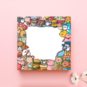 May include: Square illustration with a white center, surrounded by colorful cartoon food and characters. The border includes a burger, ice cream, and a cupcake. The background is a solid pink.