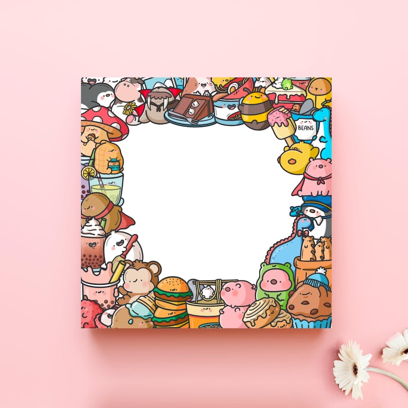 May include: Square illustration with a white center, surrounded by colorful cartoon food and characters. The border includes a burger, ice cream, and a cupcake. The background is a solid pink.
