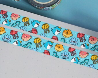 海の下の和紙テープ | かわいい文房具 | かわいい海の和紙テープ、ジャーナリング、スクラップブッキング、海の模様のテープ | 装飾テープ
