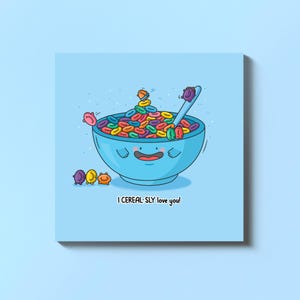 Carte Je t'aime sournoise - Carte drôle de jeu de mots avec des céréales - Carte d'amour kawaii mignonne pour les gourmands - Saint-Valentin, anniversaire, pensée pour vous, voeux,