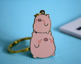 Cute Pigs Key ring | Kawaii Pig Stack Keychain | Key Ring | Enamel Charm | Pig Gift, Enamel Key Chain | Gold Chain | Keys