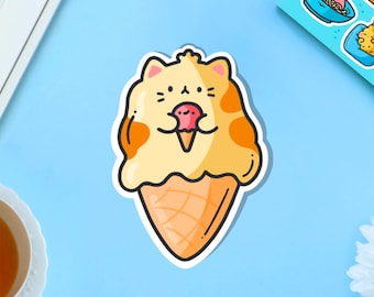Ice Cream Cat Vinyl Sticker | Kawaii cat Sticker | Cute Vinyl Sticker, planner stickers, laptop sticker decal, cute Kitty, Animal stickers