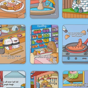 May include: Nine colourful illustrated cards with motivational quotes and cute cartoon characters. The cards feature a variety of themes, including food, health, and positivity. The cards are perfect for adding a touch of whimsy and inspiration to any space.