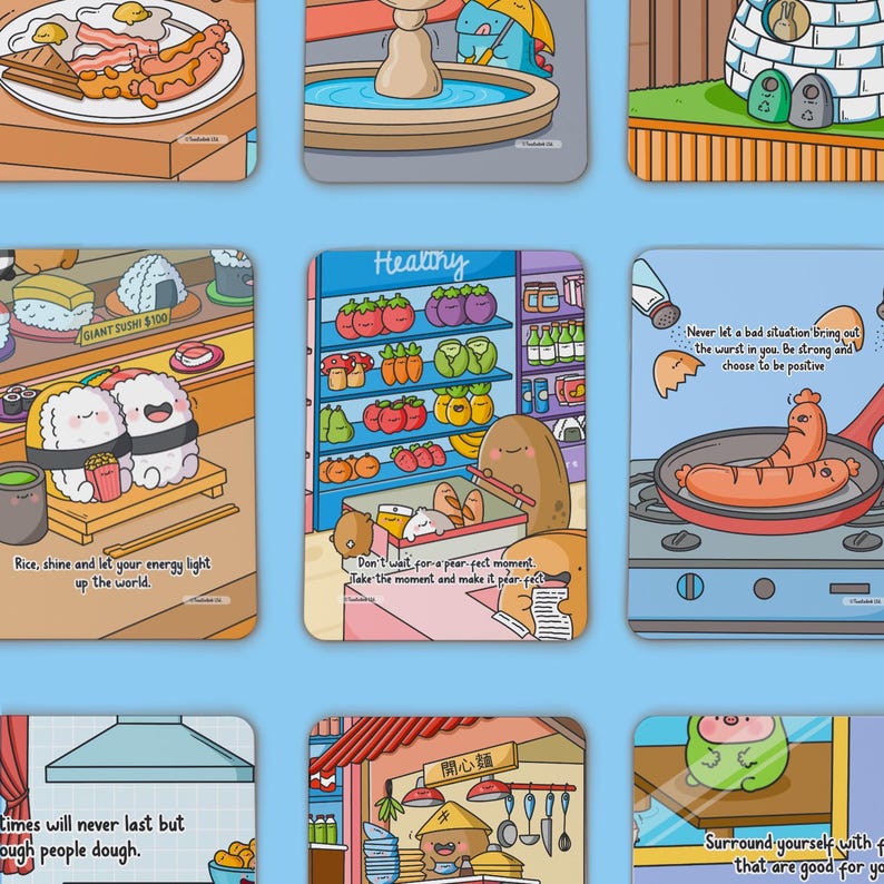 May include: Nine colourful illustrated cards with motivational quotes and cute cartoon characters. The cards feature a variety of themes, including food, health, and positivity. The cards are perfect for adding a touch of whimsy and inspiration to any space.