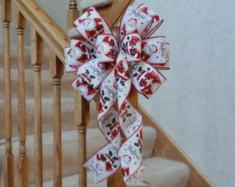 10" Wide SANTA CLAUS CHRISTMAS Bow Decoration For Wreath, Gifts, Signs, Lantern, Baskets, Door