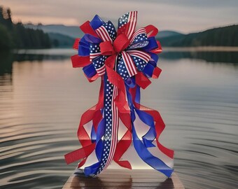 12" X 20" Patriotic American Flag Bow For 4th Of July, Lantern-Wreath-Door-Sign
