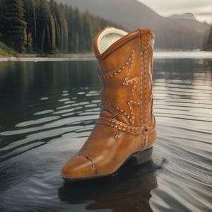 May include: A brown cowboy boot with decorative stitching and a star design. The boot is made of leather and has a pointed toe and a small heel. The boot is standing in water, with a scenic background of a lake and trees.