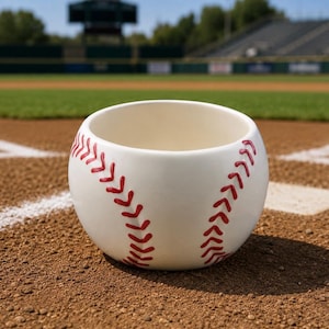 May include: A round, off-white ceramic bowl designed to resemble a baseball, featuring the characteristic red stitched pattern wrapping around the exterior. The bowl has a smooth, glossy finish and an open top, showcasing a hollow interior.