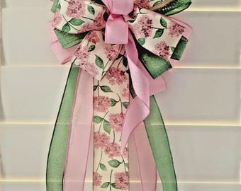10" X 20" SUMMER PINK HYDRANGEAS Bow Decoration For Wreath, Gifts, Signs, Lantern, Basket