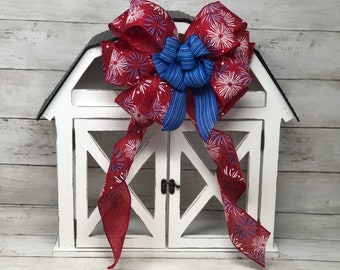 10” WIDE 4TH Of July Bow Handmade Wired Bow With Fireworks For Lanterns, Wreaths, Baskets, Door, Decoration