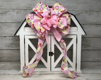 10” WIDE Summer Floral Bow Handmade Wired Bow With Pink Flowers For Lanterns Wreaths Baskets Door Decoration