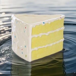 May include: A ceramic cake slice-shaped container with a yellow cake interior and white frosting. The frosting is decorated with colorful sprinkles. The container is sitting on a reflective surface.