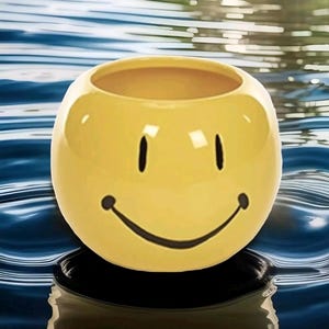 May include: A yellow ceramic planter shaped like a smiley face. The planter has a black outline and a wide, black smile.