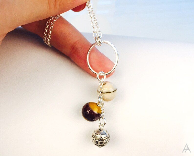 Gemstones Hammered ring Pendant Long Chain Necklace Sterling Silver Necklace Bohemian Bali Silver Necklace Mookaite beads Long Necklace
