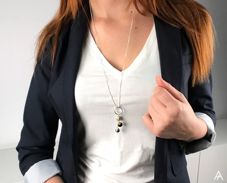 Gemstones Hammered ring Pendant Long Chain Necklace Sterling Silver Necklace Bohemian Bali Silver Necklace Mookaite beads Long Necklace