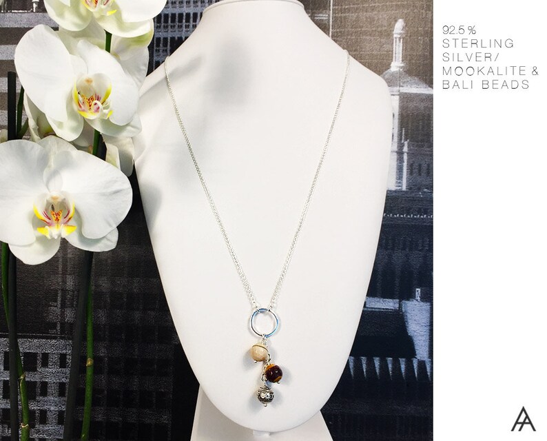 Gemstones Hammered ring Pendant Long Chain Necklace Sterling Silver Necklace Bohemian Bali Silver Necklace Mookaite beads Long Necklace