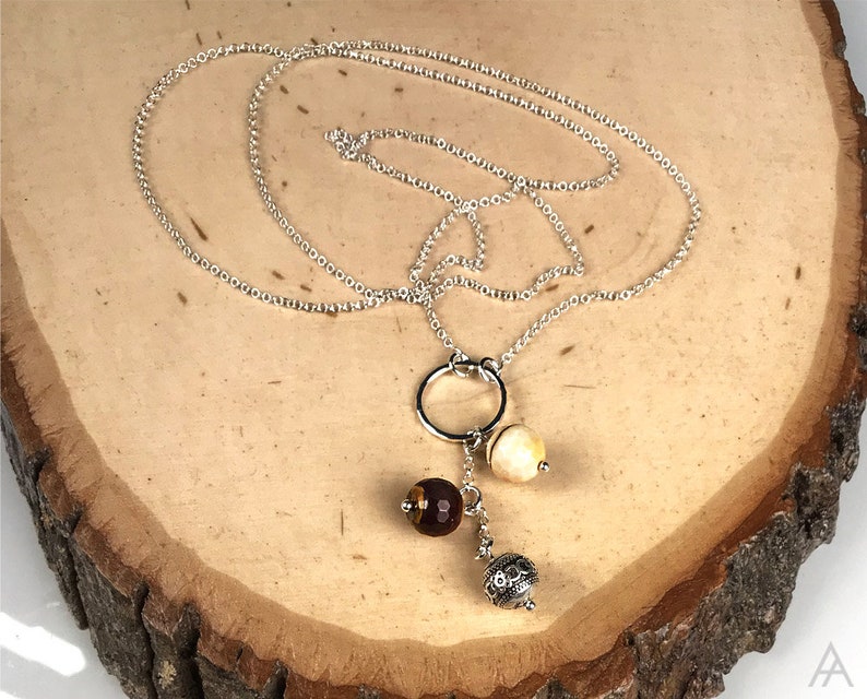 Gemstones Hammered ring Pendant Long Chain Necklace Sterling Silver Necklace Bohemian Bali Silver Necklace Mookaite beads Long Necklace