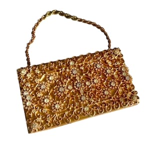 Vintage Evans Jeweled Vanity Carry All Powder Compact Comb Lipstick Myntväska cirka 1950