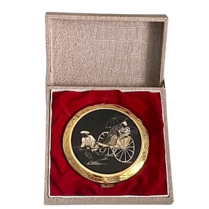 Vintage Powder Compact Enamel & Mother of Pearl Asian Themed in Original Box