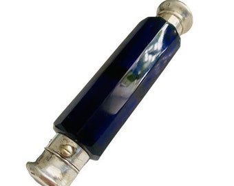 Antike Bristol Blau Doppelförmige Parfüm Flasche Silber Deckel circa 1880