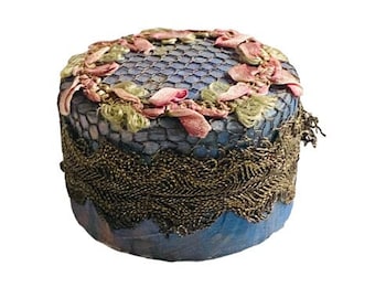 Antique French Silk Ribbon Roses & Metallic Lame' Mesh Powder Pot / Box with Original Swans Down Puff circa 1910