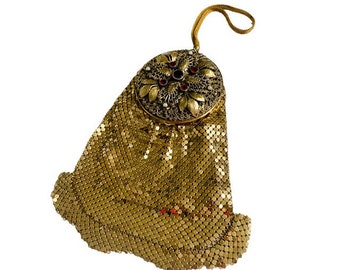 Art Deco 1920's Evans Gold Mesh & Jewelled Filigree Flapper Vanity Purse Powder and Rouge Compact