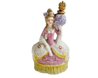 Art Deco Crown Top Perfume Scent Bottle German Porcelain Sitzendorf Lady with Flower Urn circa 1930