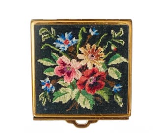 Vintage Powder Compact Micro Petit Point Needlework circa 1950