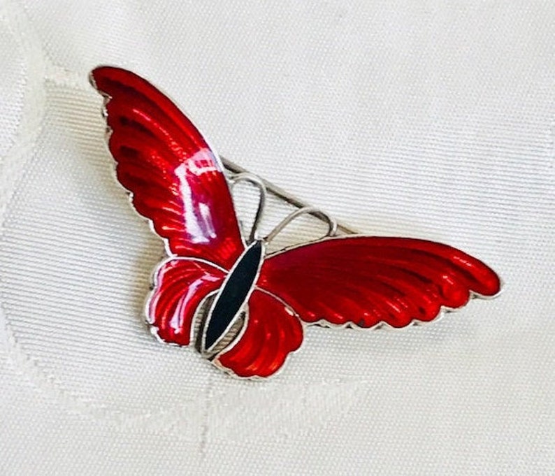Vintage 1950/'s H C Ostrem OXO Norway Sterling Silver Guilloche Enamel Butterfly Brooch Pin