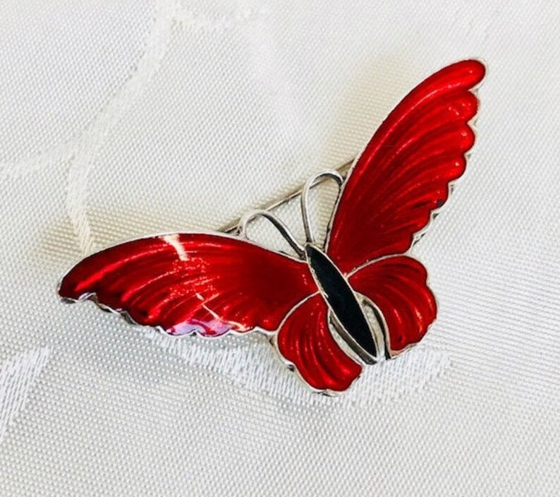 Vintage 1950/'s H C Ostrem OXO Norway Sterling Silver Guilloche Enamel Butterfly Brooch Pin