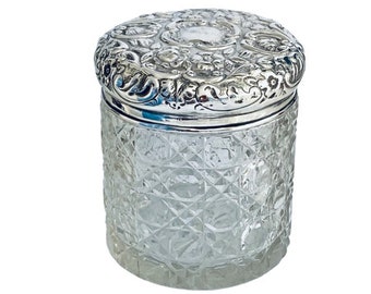 Antique Cut Glass Dressing Table Pot with Sterling Silver Lid circa 1900