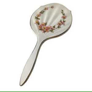 Vintage Hand Mirror English Solid Silver & Guilloche Enamel Dog Roses Birmingham 1964