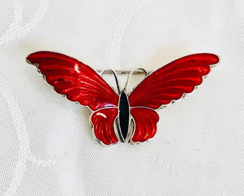 Vintage 1950/'s H C Ostrem OXO Norway Sterling Silver Guilloche Enamel Butterfly Brooch Pin