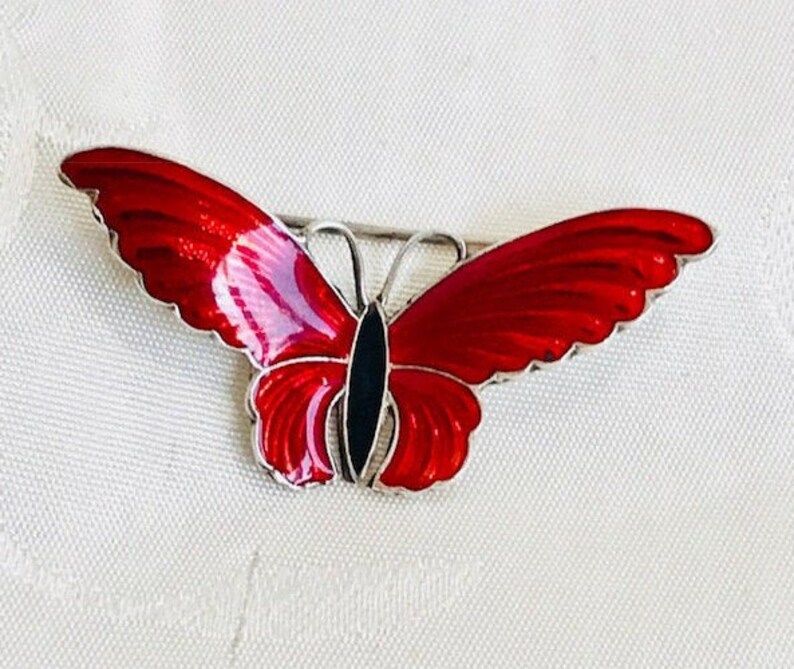 Vintage 1950/'s H C Ostrem OXO Norway Sterling Silver Guilloche Enamel Butterfly Brooch Pin