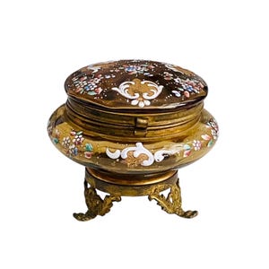 Antik Moser emaljerad bärnstensfärgad glasprydnadslåda sminkbord sminkburk ca 1880