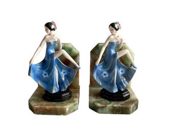 Art Deco German Porcelain Dancing Ladies on Marble Stands Bookends circa 1930