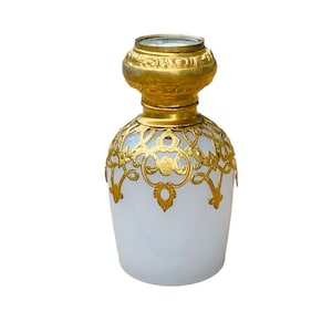Antique French Grand Tour Souvenir Perfume Scent Bottle White Opaline Glass Gilt Ormolu Mount & Eglomise Miniature Painting circa 1880