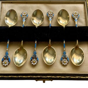 Vintage Guilloche Enamel Sterling Silver Spoons: Birmingham 1947, Cased Set