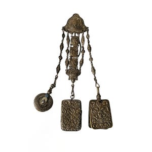 Antique Victorian Filigree 3 Chain Chatelaine with Attachments circa 1880