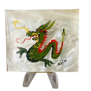 Vintage Powder Compact Marhill Mother of Pearl Lucite Hand Painted Dragon circa 1950
