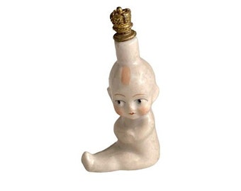 Art Deco German Porcelain Figural Kewpie  Crown Top Perfume Scent Bottle circa 1930